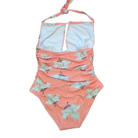 NEW Slimming Halter One Piece Swimsuit Peach Lily Print Women's M - Picture 2 of 3